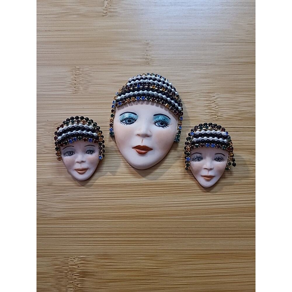VTG 90’s LTD Edition Porcelain Face Rhinestone Brooch And Earrings SIGNED Rare**